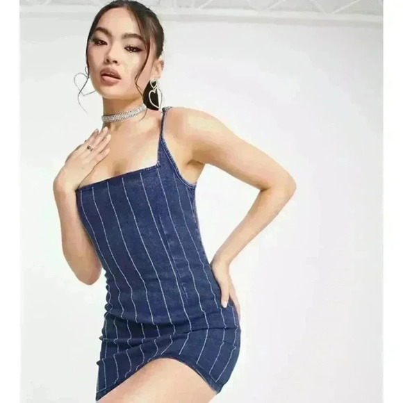 Forever 21 Dress Womens‎ Small Mini  Denim Jeans Blue Striped Zip Back - Picture 1 of 4